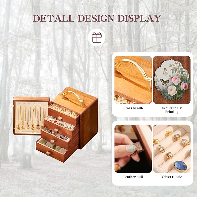 Wooden Jewelry Box for Women 4 Tier Walnut Wooden Jewelry Box with handle (Flower and butterfly prints B)