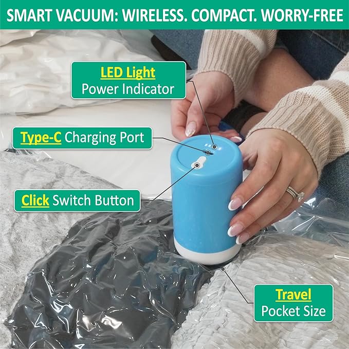 Cozy Essential Travel Vacuum Storage Bags with Rechargeable Cordless Electric Pump, Space Saver Bags for Luggage, Suitcase, Carry-On, for Clothes, Blankets, Comforters, Pillows, 6 Combo