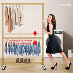 MISSLO Gold Clothing Racks for Hanging Clothes Heavy Duty Clothes Rack Double Garment Rack Metal Rolling Coat Rack Closet Wardrobe Rack on Wheels
