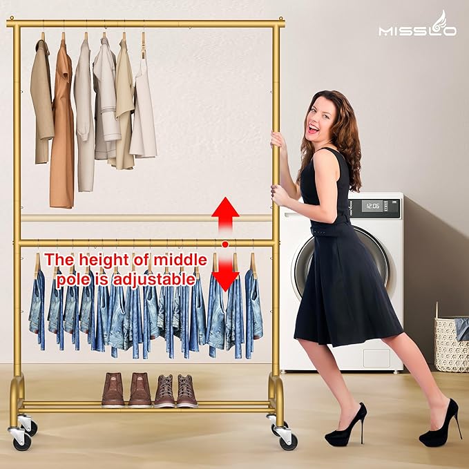 MISSLO Gold Clothing Racks for Hanging Clothes Heavy Duty Clothes Rack Double Garment Rack Metal Rolling Coat Rack Closet Wardrobe Rack on Wheels