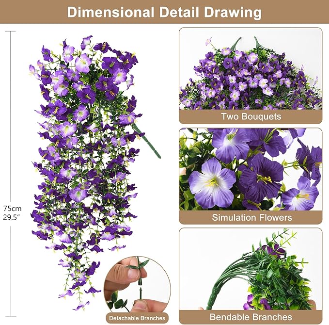 Artificial Hanging Flowers Plants for Outdoor Spring Summer Decoration, 2PCS Faux Silk Morning glory UV Resistant Look Real for Outside Home Indoor Planter Porch Garden Yard Decor(Dark Orchid)