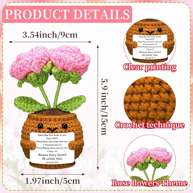 Wavwavw Christian Gift for Women Positive Handmade Crochet Doll with Bible Verse Prayer Card Inspirational Scripture Religious Crochet for Christmas Sunday Group Church(Rose Flower)