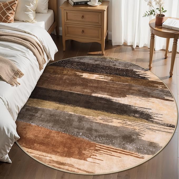 Ciicool 5ft Round Washable Rug, Modern Abstract Circle Rugs, Non-Slip Thin Lightweight Rug Black Brown Circular Print Distressed Carpet for Bedroom Living Room Under Dining Table Home Office Decor