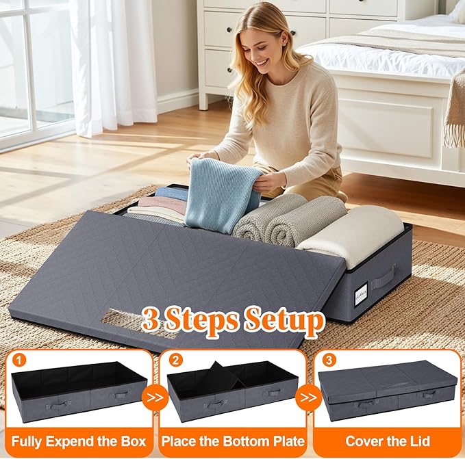 Under Bed Storage Containers with Lids - 3 Pack, Foldable and Stackable Clothes Storage Bags with Clear Window, 3-Sided Handles and Label Slot for Clothing, Blankets, Pillows (Grey)