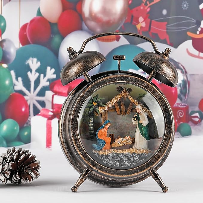 Kikth Red/Bronze Retro Plastic Lighted Musical Snow Globe, Alarm Clock Snow Globe 6H Timer, USB/Battery Operated Christmas Decorations Indoor (Nativity)