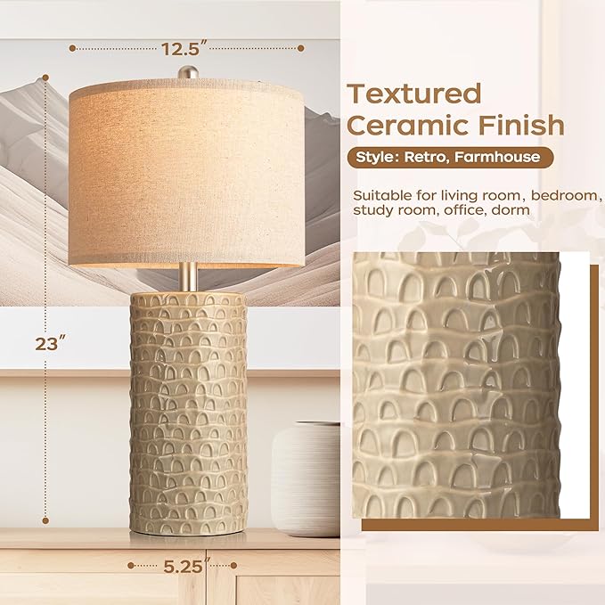 PARTPHONER 23" Modern Ceramic Table Lamp Set of 2, Table Lamps for Living Room, Rustic Farmhouse Bedside Lamps Nightstand lamp for Bedroom, Desk Lamp for End Table Home Decor Beige