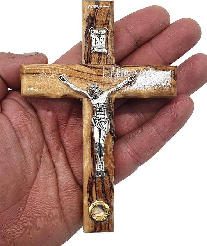 Zuluf 4.7" Olive Wood Catholic Wall Cross with Crucifix and Holy Land Stone Christian Gift Handmade Israel CRS046