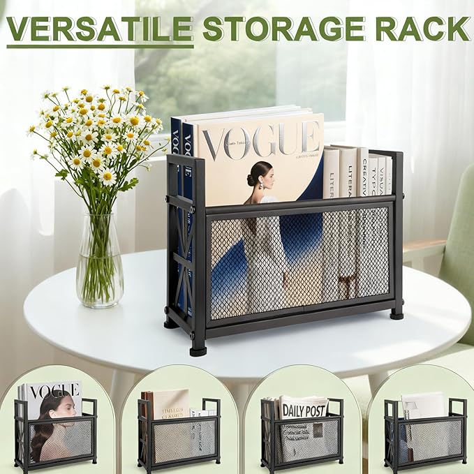 Magazine Rack Floor, Black Magazine Holder, Magazine Storage Basket, File Holder Organizer Stand, Metal Storage Shelf Box Bin Folder Organizer for Magazines, Books, Newspapers
