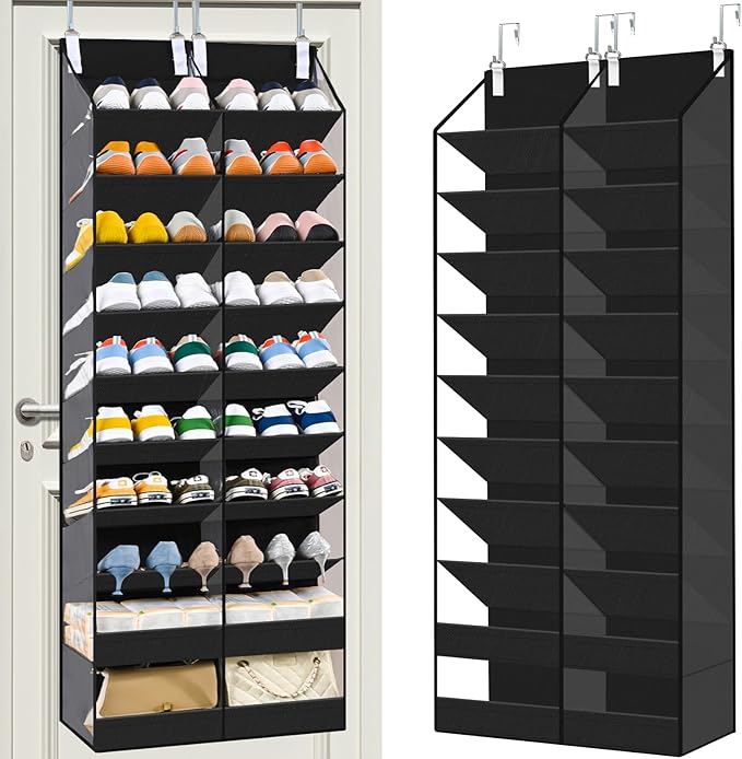 20-30 Pairs Over the Door Shoe Organizer,Side Clear Hanging Shoe Organizer,10-Tier Shoe Storage with 2 Flat Storage Layers,Door Shoe Organizer Fit All the Family’s Sneakers, Boots, Heels,Black