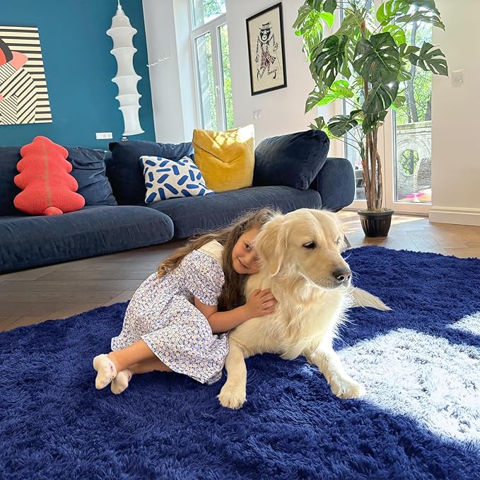 OLANLY 3x3 Machine Washable Small Bedside Rug, Soft Fluffy Shaggy Entryway Throw Rugs for Bedroom, Living Room, Indoor Floor Carpet for Kids Girls and Boys, Nursery Rooms, Home Decor, Navy Blue