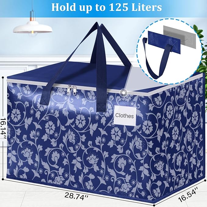 HomeHacks Moving Bags, Extra Large Size Moving Boxes, Heavy Duty Luggage Bags with Smooth Zipper and Sturdy Handles, Large Capacity & Easy Loading Storage Totes for Space Saver 125L, 6-Pack, Blue
