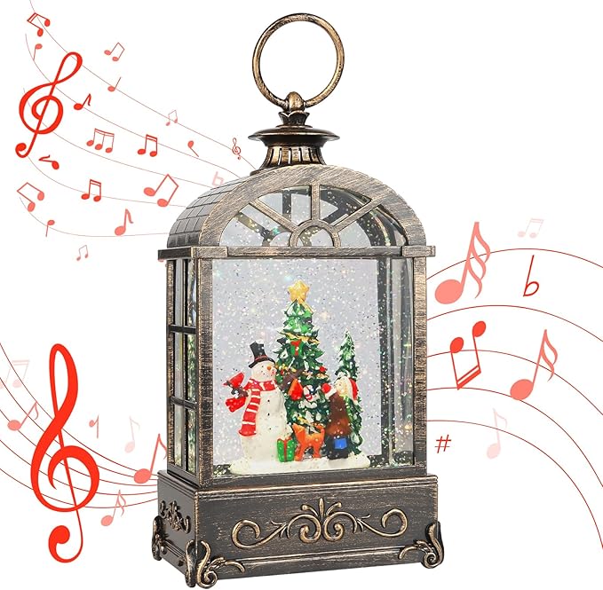 Christmas Snow Globe Lantern, Lighted Swirling Glitter Christmas Lanterns,with 6 Hour Timer Musical Snow Globes, Battery Or USB Powered, Snowman Snow Globe Gifts for Kids, Indoor Christmas Decorations