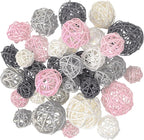 Patelai 36 Pcs Wicker Rattan Balls Decorative Balls for Vase Centerpiece Bowls Orbs Filler for Home Decor,4 Sizes(White, Pink, Light Grey, Dark Grey,2.4'',2'',1.6'',1.2'')