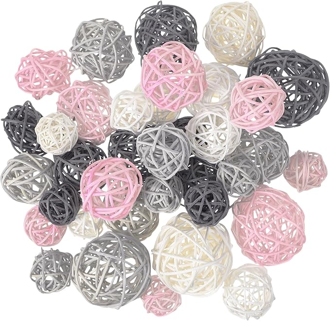 Patelai 36 Pcs Wicker Rattan Balls Decorative Balls for Vase Centerpiece Bowls Orbs Filler for Home Decor,4 Sizes(White, Pink, Light Grey, Dark Grey,2.4'',2'',1.6'',1.2'')