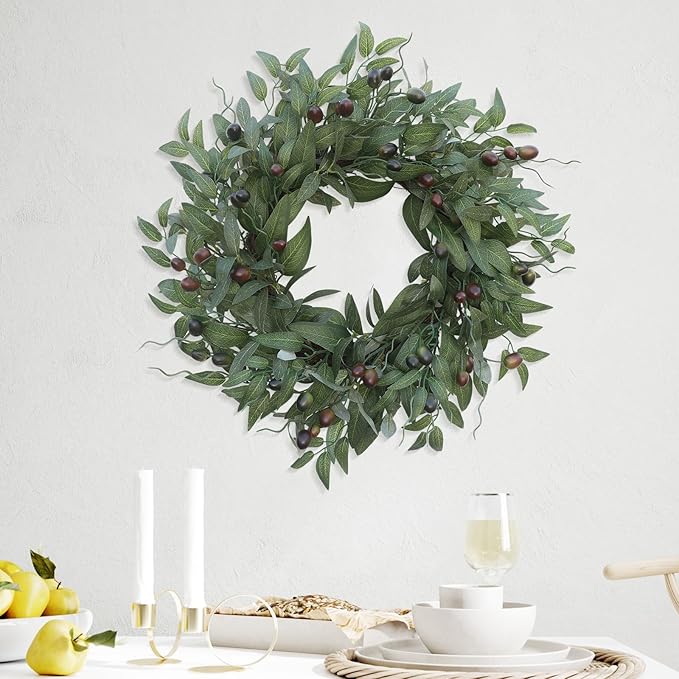 Olive Wreaths 20 Inch Wreath for Front Door with Purely Handmade Realistic Dense Olive Leaf Olive Berry, Elegant Home Decor Wreath Ideal for Front Doors, Hallways, Any Area You Want to Brighten