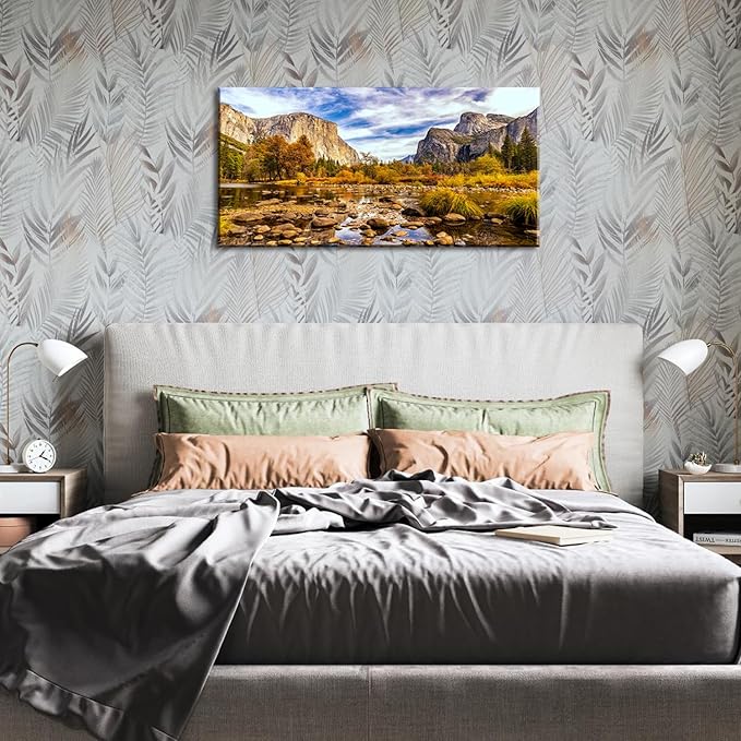 Yosemite Valley Mountain Wall Art Panorama of National Park Canvas Prints Nature Landscape Pictures Wall Decor Fall Stream Forest Painting Artwork for Living Room Bedroom Office Home Decorations
