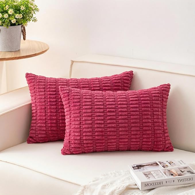 Aegero Pack of 2 Corduroy Decorative Throw Pillow Covers 12x24 Inch Soft Striped Pillow Covers Modern Farmhouse Home Decor for Sofa Living Room Couch Bed（Rose Red）
