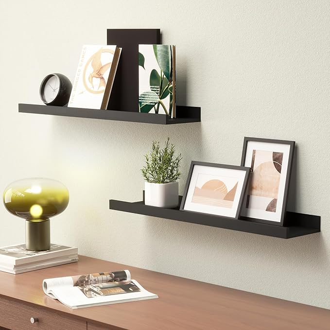 Boswillon Long Floating Shelves, 2 Set Modern Black Wall Shelf for Bedroom, Nursery Book Shelf with Lip, Picture Ledge Shelf for Living Room Bathroom Kitchen - Black,23.6 In