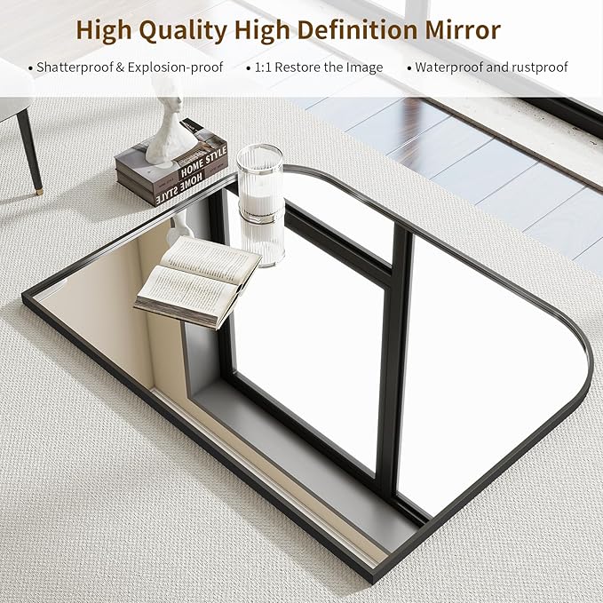 Black Wall Mounted Bathroom Mirror - 36 x 24 Inch Round Cruved Top Right Angle Bottom Wall Mirror, Aluminum Metal Framed, Decor for Living Room, Bedroom, Fireplace, Mantle, Entryway