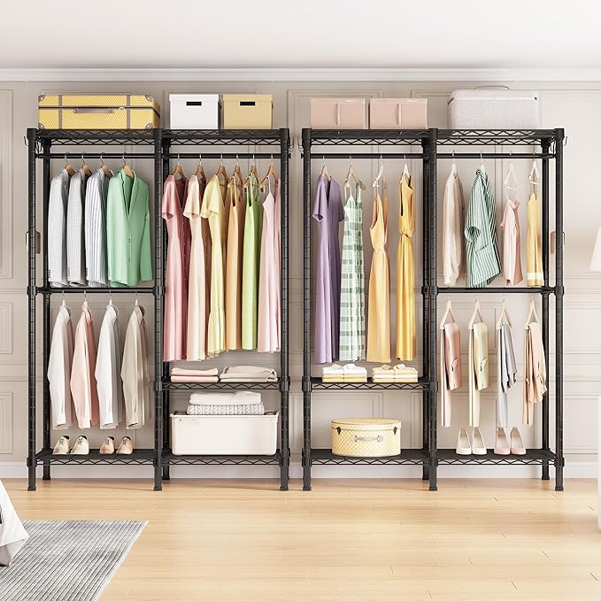 H18 Garment Rack for Hanging Clothes, 3 Tiers Portable Closet with 2 Hanger Rods, Freestanding Clothes Rack, 44.9" W x 14.6" D x 76.4" H, Max Load 600lbs, Black