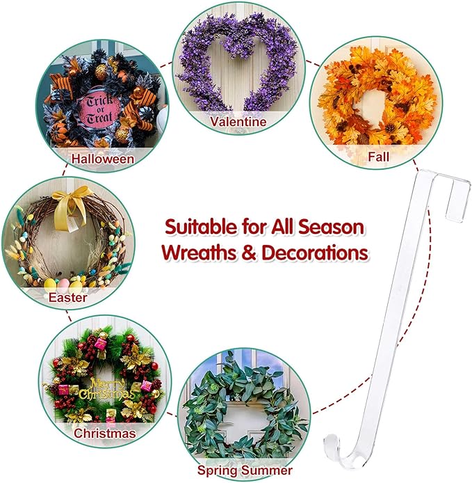 15" Clear Wreath Hangers - Non Scratch Over The Door Hanger Hooks, Wreath Door Hanger - Easter, Fall, Halloween, Christmas Decorations - Indoor/Outdoor - Welcome Sign - 1 Pack