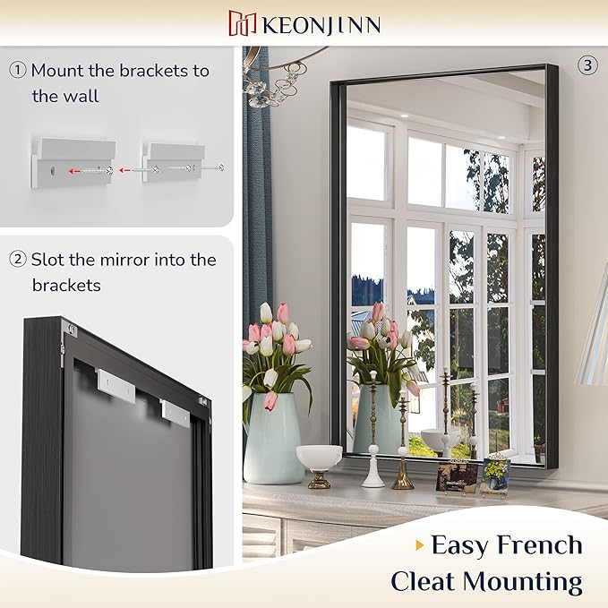 Keonjinn 42 x 36 Inch Black Framed Mirror, Bathroom Vanity Mirror for Wall, Metal Framed Rectangle Bathroom Mirrors, Large Modern Farmhouse Matte Black Mirrors for Over Sink(Horizontal/Vertical)