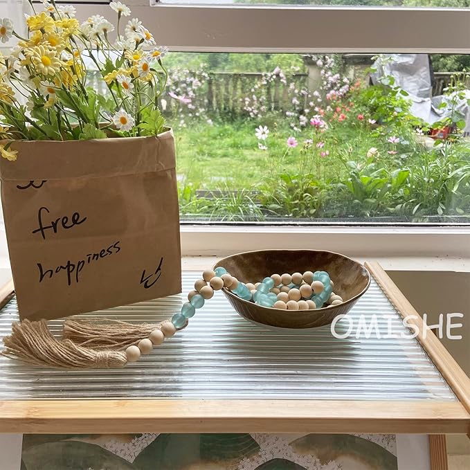 OMISHE Wood Bead Garland with Tassels 52 Inches, Handmade Wooden Beads with Round Acrylic Beads, Boho Farmhouse Wooden Decorative Beads for Home Tiered Tray Beach Decor, Light Blue