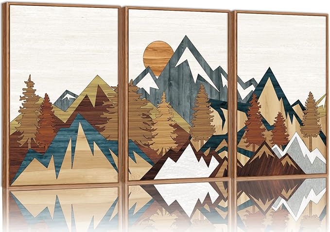 SIGNINART Vintage Mountain Framed Canvas Wall Art, Boho Sunrise Art Prints, Forest Nature Wilderness Art Paintings, Modern Farmhouse Woodcut Style Wall Decor for Living Room Bedroom, Office 16"x24"x3