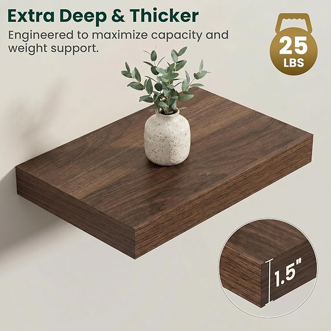 Floating Shelves for Wall 16 in x 9.3 in Deep, Wall Mounted Rustic Wood Shelf with Invisible Brackets for Storage & Display, Living Room Bedroom Bathroom, Walnut, 2 Pack