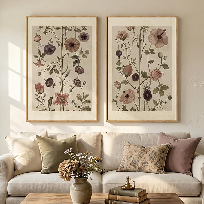 Large Framed Vintage Botanical Wall Art Set of 2, Neutral Antique Floral Canvas Painting Prints Artwork for Walls, Retro Rustic Farmhouse Flowers Pictures for Living Room Bedroom Wall Decor, 24x36 In