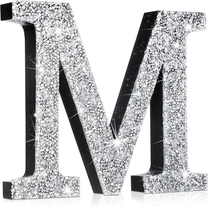 Qunclay 12'' Silver Crystal Diamond Bling Letters Crushed Diamond Decoration Wooden Glitter Letter with Screw and Hooks Rhinestone Gift for Wedding Y2k Mcbling Bedroom Wall Decor (Letter M)