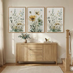 Framed Large Botanical Wall Art for Living Room, 3 Piece Minimalist Watercolor Floral Canvas Wall Art Prints, Modern Farmhouse Boho Sage Green Wildflower Picture for Bedroom Dining Room Decor, 24x36