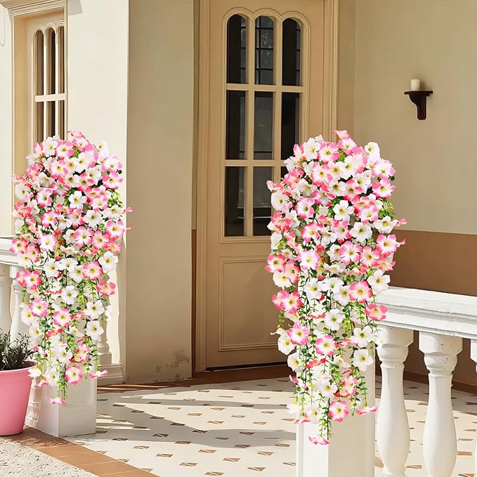 Waipfaru Artificial Petunias Flowers for Outdoors, 2 Pcs UV Resistant Fake Hanging Plants Spring Outside Decor, Faux Silk Flowers Long Trailing Vines for Outdoor Planters Porch Garden (Pink White)