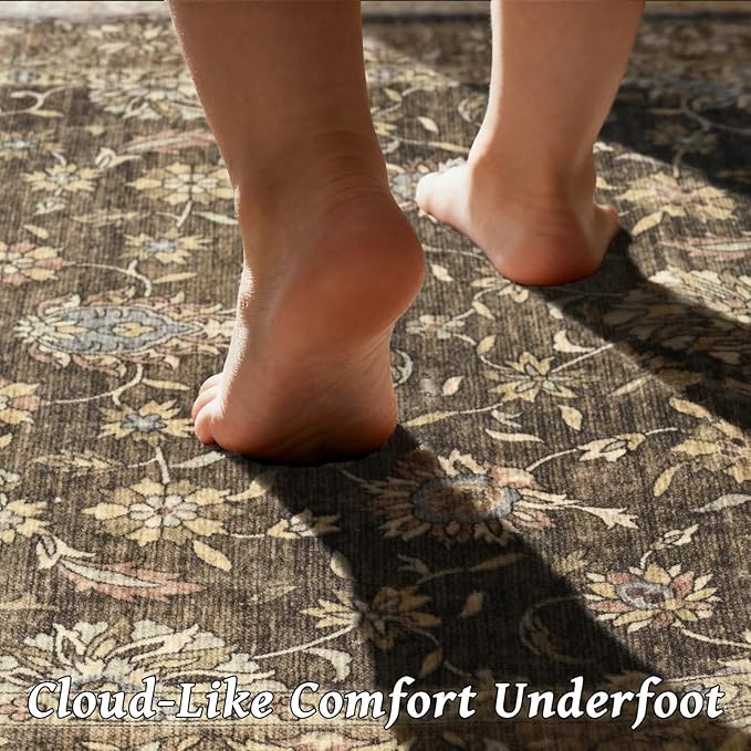 Washable 9x12 Area Rugs for Living Room, Boho Non-Slip Vintage Distress Lager Rugs for Bedroom Dining Room Nursery Office, 0.3" Neutral Oriental Throw Thin Carpet, Tan/Flaxen/Multi