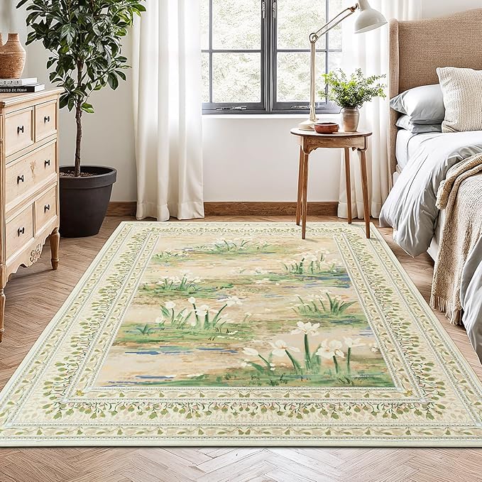 Lessymo Beige Sage 5x7 Rugs for Living Room, Soft Washable Area Rug Non-Slip for Dining Room, Vintage Pastel Aesthetic Carpet, Cottagecore Bedroom Nursery Office Decor