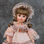 18 Inch Kawaii Porcelain ＆ Fabric Doll Cute European Retro Handmade Ceramic Doll with Showing Stand for Room Decor, Birthday Gifts, Collectible ，Name Olivier (Pink)