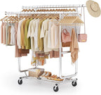 Heavy Duty Clothes Rack Load 900 Lbs, Double Rod Rolling Clothing Rack With Sturdy Wheel And Shelves，Adjustable Portable Hanging Rack For Clothes,Silver Stainless Steel