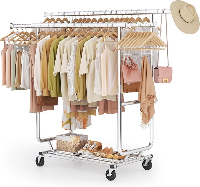 Heavy Duty Clothes Rack Load 900 Lbs, Double Rod Rolling Clothing Rack With Sturdy Wheel And Shelves，Adjustable Portable Hanging Rack For Clothes,Silver Stainless Steel