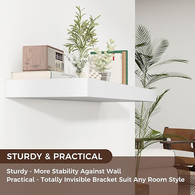 Venusmiles Floating Shelves for Wall, 40" W x 12" D x 2" H, 1 Pack of Long Wall Mounted Engineered Wood Shelves with Invisible Brackets for Living Room, Bedroom, Bathroom, Kitchen Decor, White