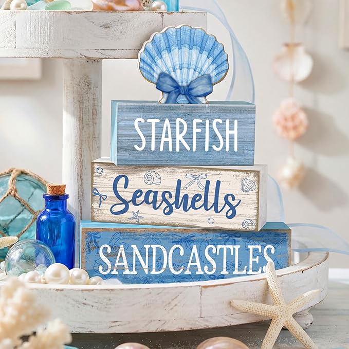 Moucuny 4 Pcs Nautical Beach Decor Shell Tiered Tray Decoration Blue Bow Table Centerpieces Summer Rustic Decorative Block Signs Gift Farmhouse Table Sign for Home Kitchen Shelf