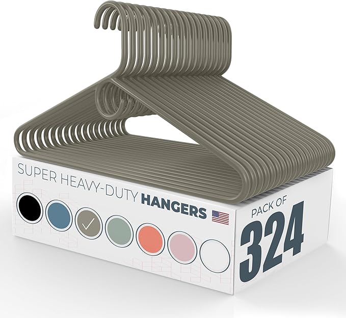 Neaties Super Heavy Duty Clothes Hangers 100+ Pack (324 Count) – Made in the USA - 10lb Capacity, Thick Plastic Hangers for Pants, Coats, Jackets, Jeans and Adult Clothing – Gray