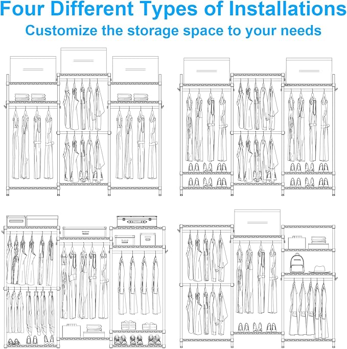 Ulif E13C Max Heavy Duty Closet Organizer System，Freestanding Clothing Racks for Hanging Clothes，Adjustable Garment Rack 86" W x16 D x77 H Hold 1100 lbs，Black Rack with Black Dustproof Cover