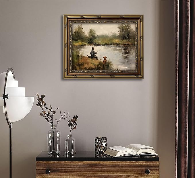 Vintage Gold Framed Wall Art Boy Fishing Country Oil Painting Canvas Prints Peaceful Lake Landscape with Dog Picture Rustic Farmhouse Poster Artwork for Nursery Living Room Bedroom, 12x16in