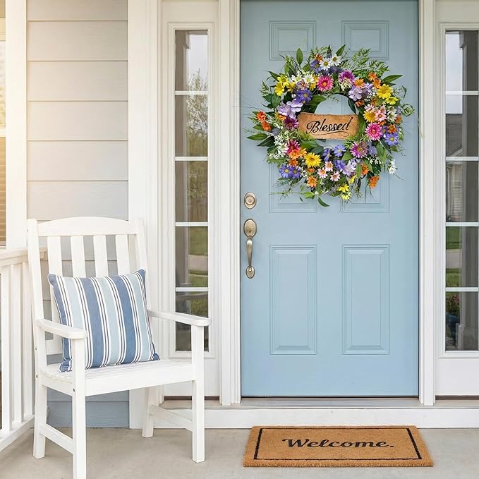 22 Inch Spring Summer Wildflower Wreath for Front Door, Colorful Floral Welcome Wreath with Blessed Sign Daisies Peonies for Wall Door and Porch Farmhouse Home Decor