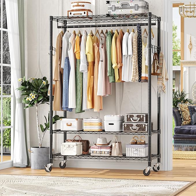 Simple Trending Heavy Duty Clothing Rack 3 Tiers Adjustable Wire Shelving Clothes Rack with Double Rods and Side Hooks, Freestanding Wardrobe Storage Rack Metal Garment Rack, Black