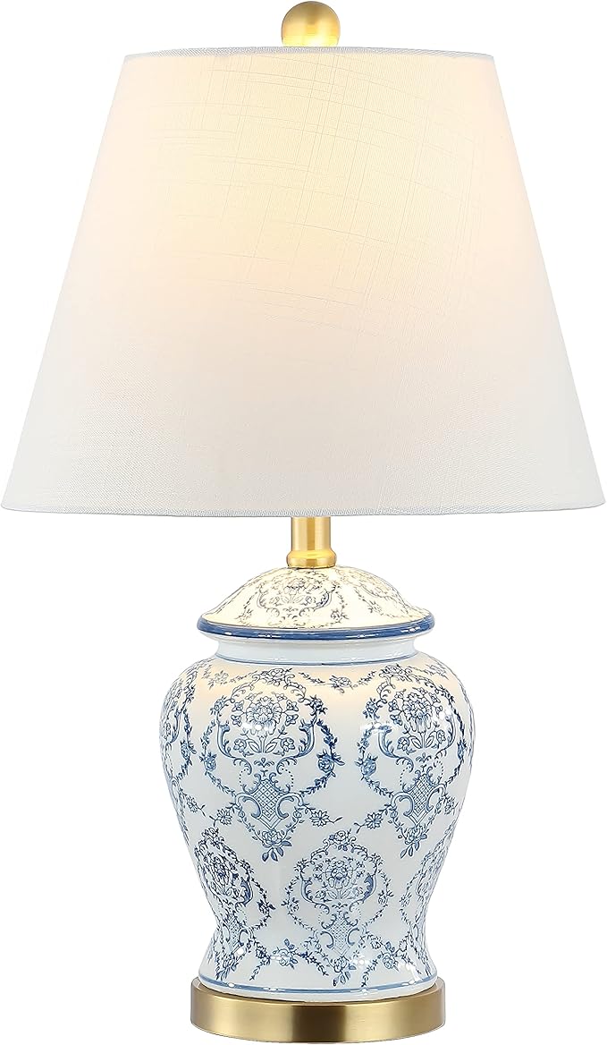 JONATHAN Y 22.25" Blue/White Chinoiserie Ceramic Urn Table Lamp, Traditional Classic Nightstand Lamp for Living Room Bedroom, White Linen Shade, LED Bulb Included JYL3085A
