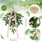 6 PCS Artificial Spring Summer Green Eucalyptus Teardrop Swag with Ribbon Bow 16" Vintage Mini Green Light Swag with White Berry Festive Sconce Lighting Decor for Farmhouse Porch Door Wedding Decor