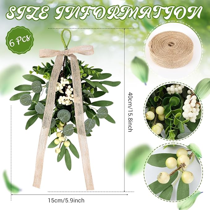6 PCS Artificial Spring Summer Green Eucalyptus Teardrop Swag with Ribbon Bow 16" Vintage Mini Green Light Swag with White Berry Festive Sconce Lighting Decor for Farmhouse Porch Door Wedding Decor
