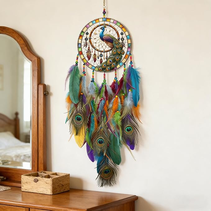 Dream Catcher Wall Hanging Decor for Bedroom Aesthetic, Handmade Traditional Wall Art with Feathers for Living Room, Nursery, Good Vibes Gift for Women,Girls,Home Decoration Wedding Party (Peacock)