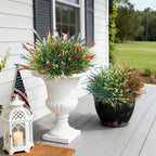 Artificial Faux Plants for Outdoor Spring Decoration, 12 Pcs Fake Monkey Grass for Garden Porch Balcony Planters, Fake Flowers Shrubs UV Resistant No Fade Plants Greenery Bush (Red Blue White)